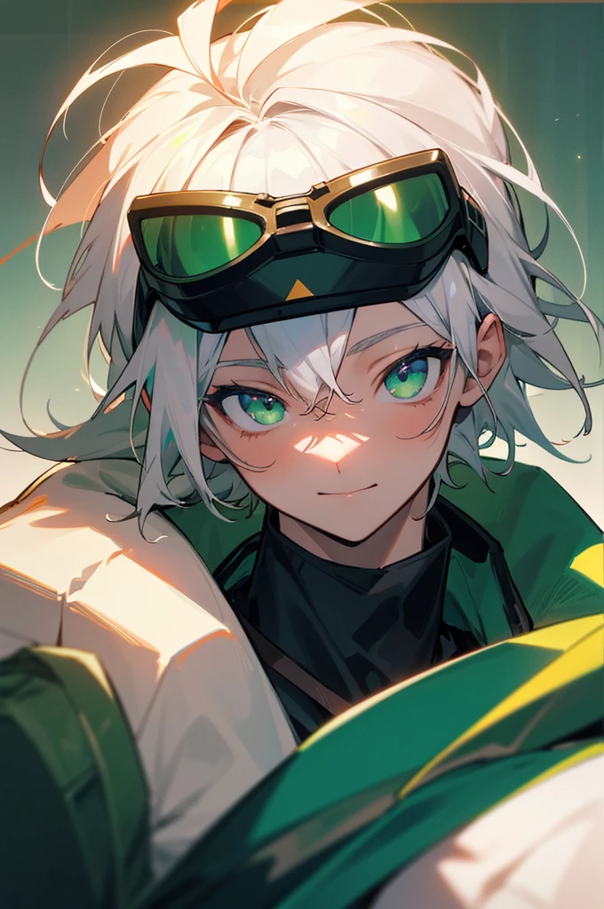 ace，4K，A high resolution，tmasterpiece，best qualtiy，head：1.3，Morning，softlighting，[：（Detailed face:1.2):0.2], White hair，Goggles on his head，Beautiful green eyes，ssmile，having fun，upper body only