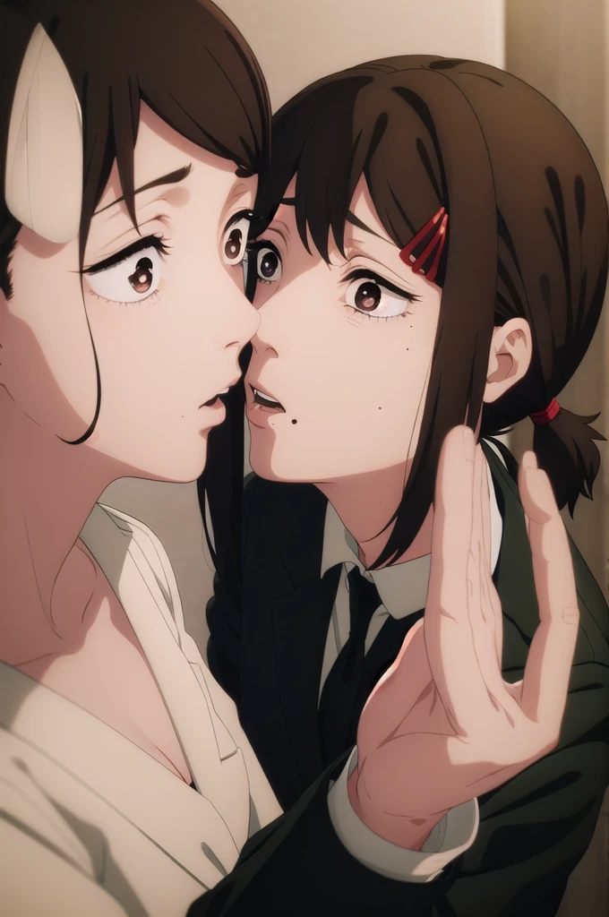 kobenihigashiyama, kobeni higashiyama, black hair, hair ornament, hairclip, mole, mole under eye, ponytail, short hair, (brown eyes:1.5),
BREAK black necktie, black pants, business suit, formal, long sleeves, necktie, pants, suit, 
BREAK (masterpiece:1.2), best quality, high resolution, unity 8k wallpaper, (illustration:0.8), (beautiful detailed eyes:1.6), extremely detailed face, perfect lighting, extremely detailed CG, (perfect hands, perfect anatomy), clone, twins, twice, cloned, two girls, 2girls, multiple girls, multiple clones, kiss, kissing, kisses