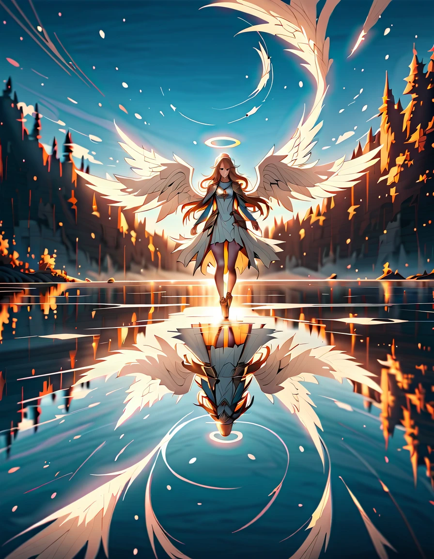 a picture of a female angel flying over a lake ((the angel's reflection mirrored perfectly in the lake: 1.5)), full body shot, a beautiful female angel, divine beauty angel, ((ultra detailed face: 1.3)), (best detailed face: 1.3), dynamic eye color, dynamic hair color, dynamic hair style, intense gaze, wearing dynamic clothing, hovering over a lake, (white angelic wings spread: 1.3), (((a perfect reflection of the angel seen in the lake: 1.5))) vibrant, Ultra-high resolution, High Contrast, masterpiece:1.2, highest quality, Best aesthetics), best details, best quality, highres, ultra wide angle, 16k, [ultra detailed], masterpiece, best quality, (extremely detailed), drkfntasy