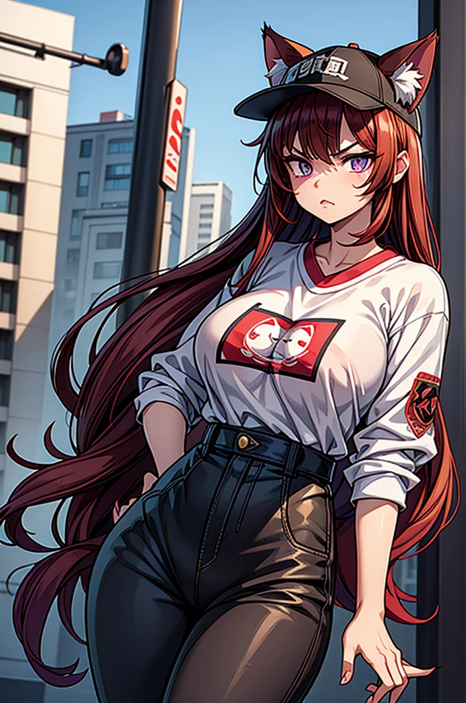 1 female, fierce gangster, eichiro oda style, asian, cute slanty eyes, full sleeve geisha tattoos on right arm, teardrop tattoo under eye, hip hop clothes, realistic lips, oversized white t-shirt, arms crossed propping up breast, hourglass figure, cat ears, on the street corner, pistol tucked in pants, light brown hair, purple eyes, angry, red hair, slit pupils, baseball cap, best quality