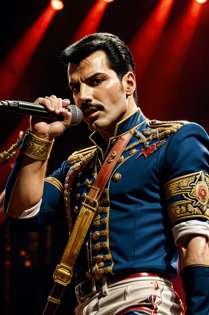 The oil painting of Freddie Mercury captures his iconic stage presence in vibrant colors and bold brushstrokes. His expressive face is illuminated by dramatic lighting, highlighting his charismatic personality. The composition is dynamic, with Mercury striking a powerful pose that fills the canvas. The intricate details of his outfit and microphone add depth to the image, drawing the viewer in to admire the intricate craftsmanship. The overall style exudes a sense of grandeur and theatricality, perfectly capturing the essence of the legendary rockstar.