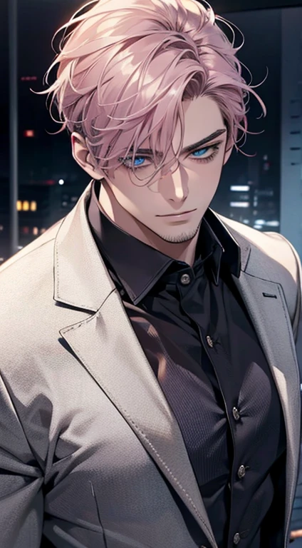 (best quality,4k,8k,highres,masterpiece:1.2),ultra-detailed,(realistic,photorealistic,photo-realistic:1.37),1 man,31 years old,mature man,very handsome,without expression,smile,short grey pink hair,blue eyes,penetrating gaze,perfect face without errors,imposing posture,businessman,office background,cinematic lighting,hdr image