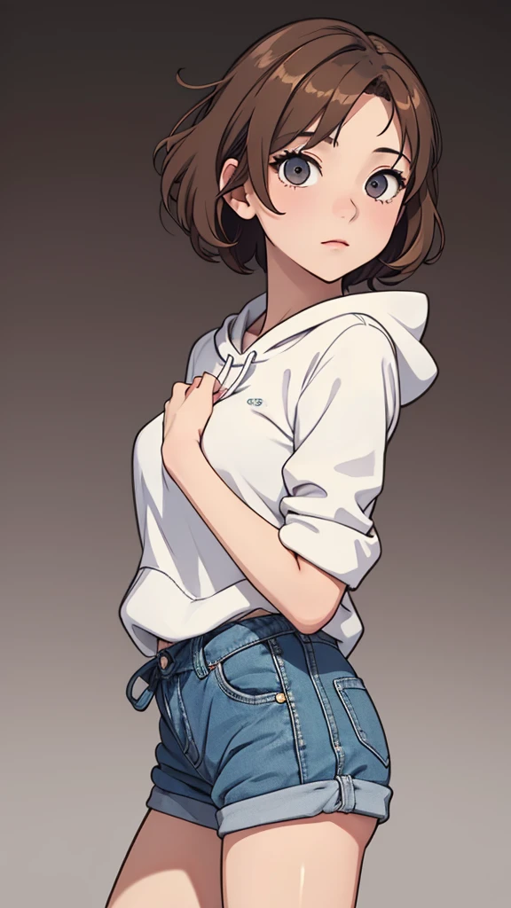 (((masterpiece, best quality, ultra highres, 1 girl, solo, no background))), super detailed skin and face and eyes and finger, beautiful japanese woman, small breasts:1.5, skinny, light brown hair, white background, very short curly pixie hair, (an illustration of girl), Knee shot, Generate with illustrations, Various expressions, Various poses, Please draw the entire character within the frame, ensuring that the head, arms, and legs are not cut off. The background should be simple, with the character positioned centrally, outline, anime, hoodie, underwear,