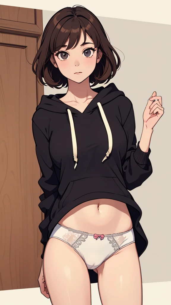 (((masterpiece, best quality, ultra highres, 1 girl, solo, no background))), super detailed skin and face and eyes and finger, beautiful japanese woman, small breasts:1.5, skinny, light brown hair, white background, very short curly pixie hair, (an illustration of girl), Knee shot, Generate with illustrations, Various expressions, Various poses, Please draw the entire character within the frame, ensuring that the head, arms, and legs are not cut off. The background should be simple, with the character positioned centrally, outline, anime, hoodie, underwear,