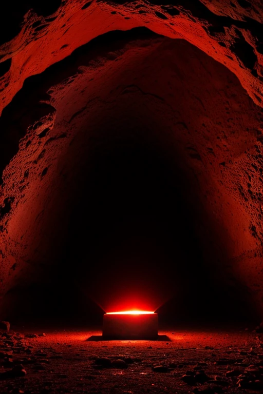 Image of a slightly red glowing rectangular stone measuring 2 meters by 1 meter in a light-filled cave 