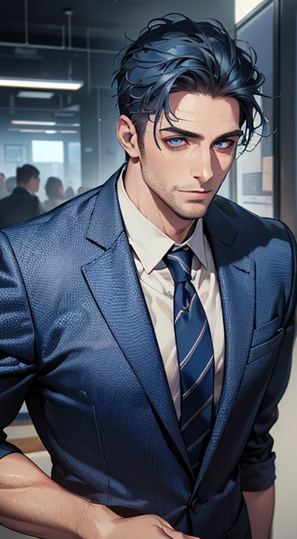 (best quality,4k,8k,highres,masterpiece:1.2),ultra-detailed,(realistic,photorealistic,photo-realistic:1.37),1 man,31 years old,mature man,very handsome,without expression,smile,short blue hair,blue eyes,penetrating gaze,perfect face without errors,imposing posture,businessman,office background,cinematic lighting,hdr image
