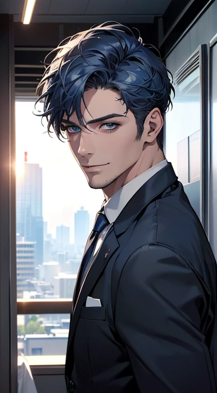 (best quality,4k,8k,highres,masterpiece:1.2),ultra-detailed,(realistic,photorealistic,photo-realistic:1.37),1 man,31 years old,mature man,very handsome,without expression,smile,short blue hair,blue eyes,penetrating gaze,perfect face without errors,imposing posture,businessman,office background,cinematic lighting,hdr image