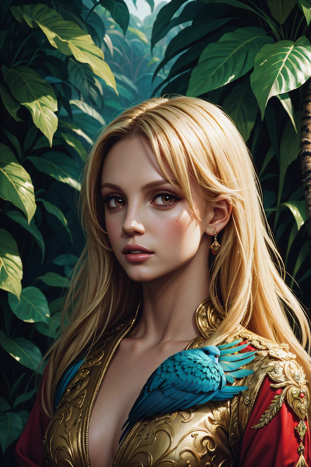 36k, portrait Britney Spears, wearing parrot costume, against the background of the jungle, character portrait, 7 9 9 0 s, long hair, intricate, elegant, highly detailed, digital painting, artstation, concept art, smooth, sharp focus, illustration, art by wlop, charlie bowater and alexandra fomina