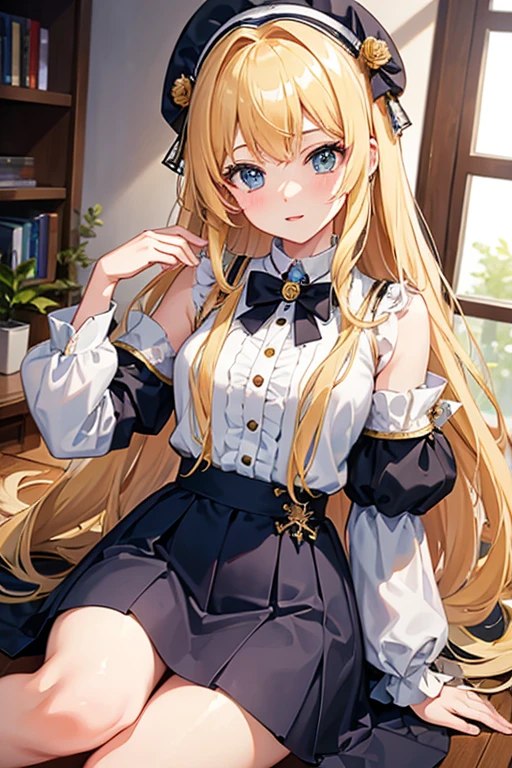 masterpiece, Highest quality, High resolution,Follow the on-screen instructions、Anime Style、One Girl、Princess、Beautiful girl with long blonde hair、Panties glimpsed、Sit on a chair