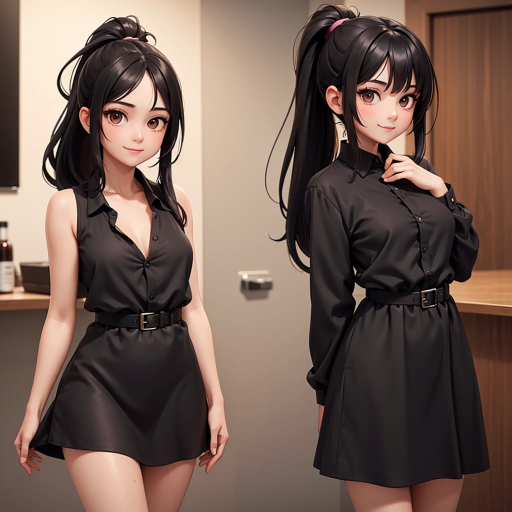 a beautiful young woman with small aesthetic breasts, long black hair in a ponytail, brown eyes, a pretty face, wearing a black silk shirt dress, a slight smile, full body shot