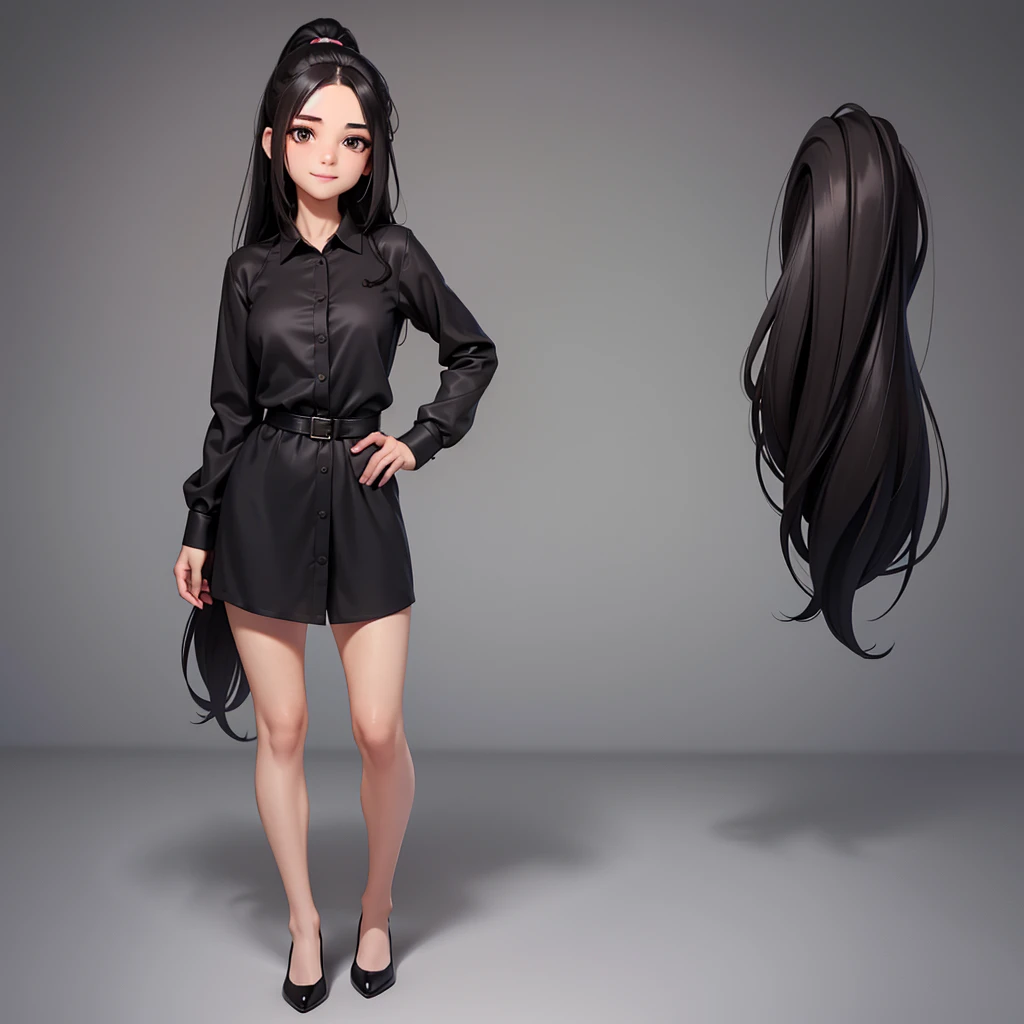 a beautiful young woman with small aesthetic breasts, long black hair in a ponytail, brown eyes, a pretty face, wearing a black silk shirt dress, a slight smile, full body shot