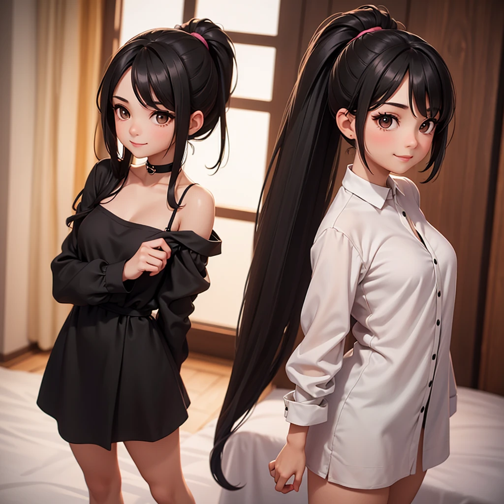 a beautiful young woman with small aesthetic breasts, long black hair in a ponytail, brown eyes, a pretty face, wearing a black silk shirt dress, a slight smile, full body shot