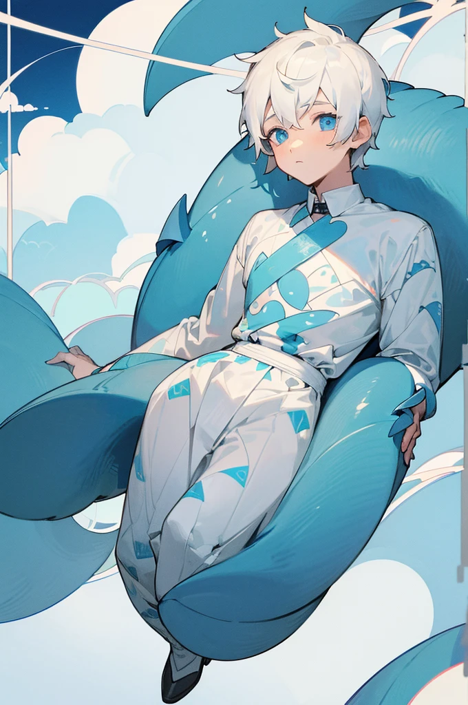 Masterpiece, Best Quality, Film Stills, 1boy, Floating in the Sky, Cloud Boy, Clouds, Singing, Melancholy, Eyes into the Distance (Close-up: 1.1), Bright, Happy, Funny, Soft Light, (Bauhaus, Shapes, Lines, Abstraction: 1.1) masterpiece, best quality, high quality, 1boy, solo, male focus, looking at viewer, cold light, (prison garb:1.2), (sad:1.1), (blue_eyes:1.2), (Zaffre eyes color:1.1), (mullet:1.2), (white short hair:1.2), (monster pattern clothes:1.5), (prison:1.2).