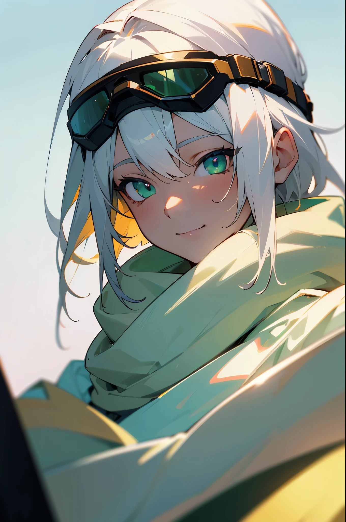 ace，4K，A high resolution，tmasterpiece，best qualtiy，head：1.3，Morning，softlighting，[：（Detailed face:1.2):0.2], White hair，Goggles on his head，Beautiful green eyes，ssmile，having fun，upper body only, wearing white scarf