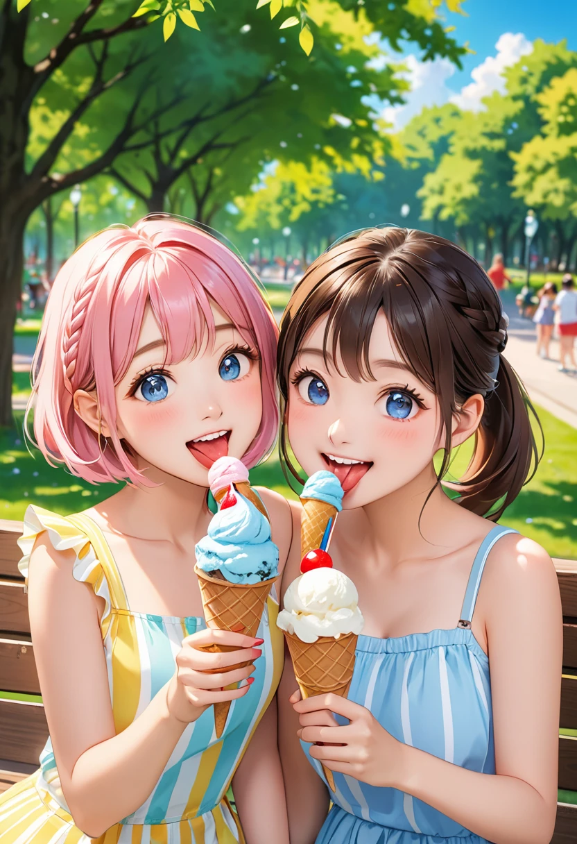 Highest quality、High resolution、Detailed Background、Beautiful face in every detail、Detailed eyes、age Girl、Highly detailed face、cuteカラーの髪色、Braided bob cut、Braided Ponytail、cute仕草、Park bench、 (Two beautiful girls eating ice cream enthusiastically in the park:1.5)、 Hot summer day、Pop it into your mouth、Desperately licking to eat quickly、The sight of people stuffing their cheeks with each bite、 With big eyes showing joy、The sight of him eating with fascination、A big smile、smile、cute