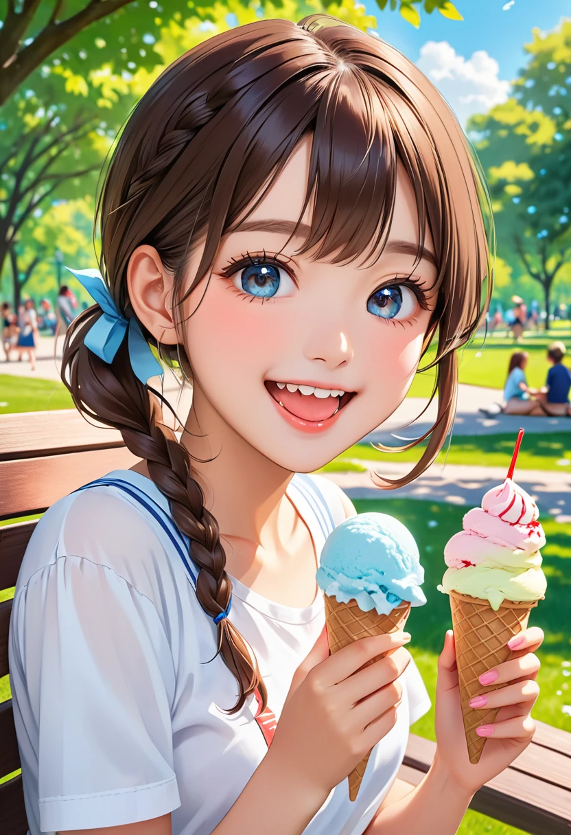 Highest quality、High resolution、Detailed Background、Beautiful face in every detail、Detailed eyes、Teenage Girl、Highly detailed face、cuteカラーの髪色、Braided bob cut、Braided Ponytail、cute仕草、Park bench、 (Two beautiful girls eating ice cream enthusiastically in the park:1.5)、 Hot summer day、Pop it into your mouth、Desperately licking to eat quickly、The sight of people stuffing their cheeks with each bite、 With big eyes showing joy、The sight of him eating with fascination、A big smile、smile、cute