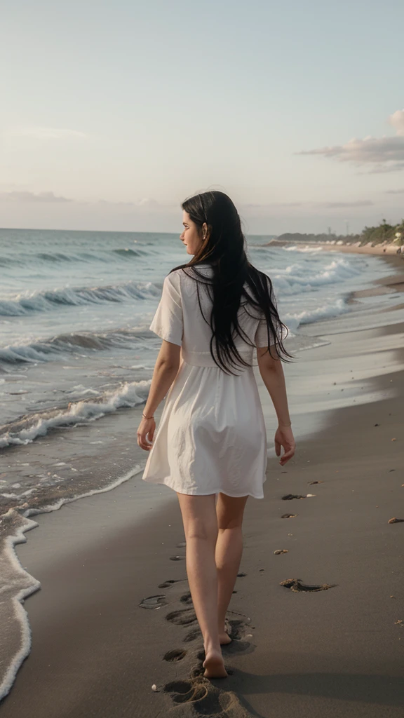 create an image of a white woman walking on the beach in red casual dress with long black hair