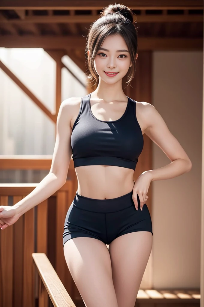 fullbody, her stunning features. a spanish lady,highest quality. woman posing confidently in front of a crisp background, Radiant smile illuminates her face as she showcases her toned physique in transparency yoga shorts and crop top. Camera zooms in with sharp focus on her eyes, highlighting individual skin pores and every detail. Shot in 8K high definition,
