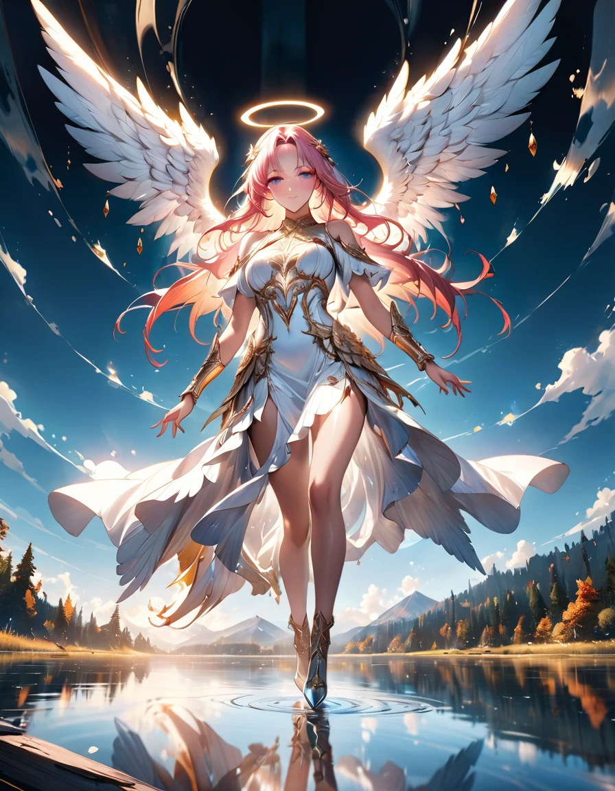 a picture of a female angel flying over a lake ((the angel's reflection mirrored perfectly in the lake: 1.5)), full body shot, a beautiful female angel, divine beauty angel, ((ultra detailed face: 1.5)), (best detailed face: 1.5), dynamic eye color, dynamic hair color, dynamic hair style, intense gaze, wearing dynamic clothing, hovering over a lake, (white angelic wings spread: 1.3), (((a perfect reflection of the angel seen in the lake: 1.5))) vibrant, Ultra-high resolution, High Contrast, masterpiece:1.2, highest quality, Best aesthetics), best details, best quality, highres, ultra wide angle, 16k, [ultra detailed], masterpiece, best quality, (extremely detailed), drkfntasy