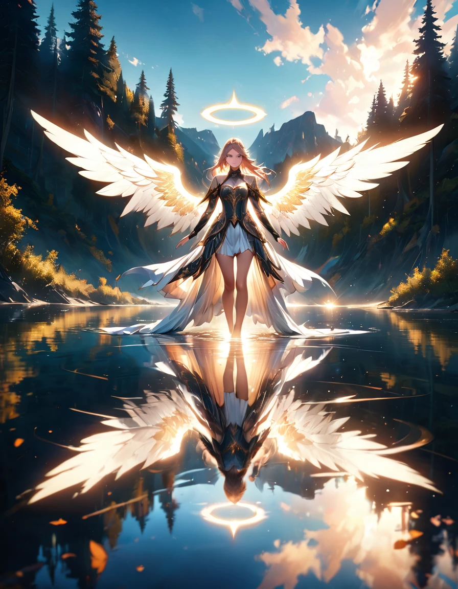 a picture of a female angel flying over a lake ((the angel's reflection mirrored perfectly in the lake: 1.5)), full body shot, a beautiful female angel, divine beauty angel, ((ultra detailed face: 1.5)), (best detailed face: 1.5), dynamic eye color, dynamic hair color, dynamic hair style, intense gaze, wearing dynamic clothing, hovering over a lake, (white angelic wings spread: 1.3), (((a perfect reflection of the angel seen in the lake: 1.5))) vibrant, Ultra-high resolution, High Contrast, masterpiece:1.2, highest quality, Best aesthetics), best details, best quality, highres, ultra wide angle, 16k, [ultra detailed], masterpiece, best quality, (extremely detailed), drkfntasy