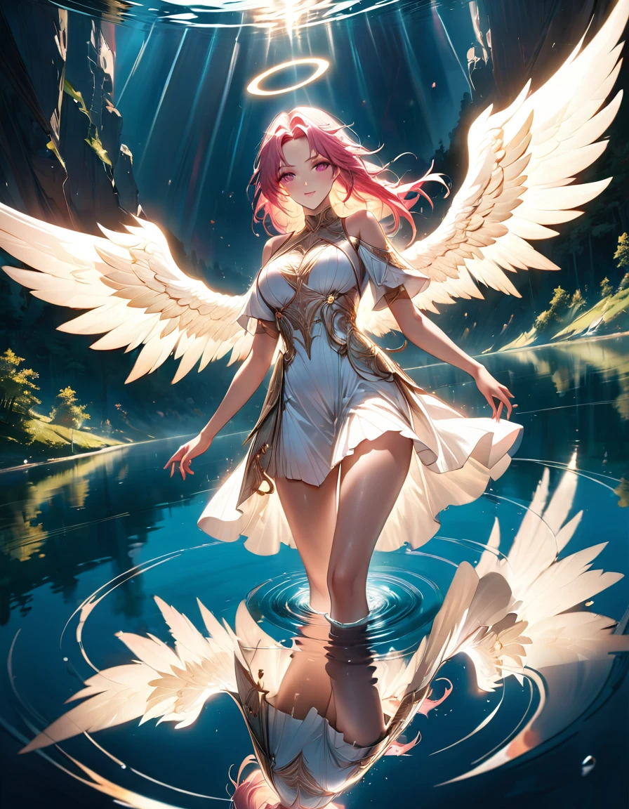 a picture of a female angel flying over a lake ((the angel's reflection mirrored perfectly in the lake: 1.5)), full body shot, a beautiful female angel, divine beauty angel, ((ultra detailed face: 1.5)), (best detailed face: 1.5), dynamic eye color, dynamic hair color, dynamic hair style, intense gaze, wearing dynamic clothing, hovering over a lake, (white angelic wings spread: 1.3), (((a perfect reflection of the angel seen in the lake: 1.5))) vibrant, Ultra-high resolution, High Contrast, masterpiece:1.2, highest quality, Best aesthetics), best details, best quality, highres, ultra wide angle, 16k, [ultra detailed], masterpiece, best quality, (extremely detailed), drkfntasy