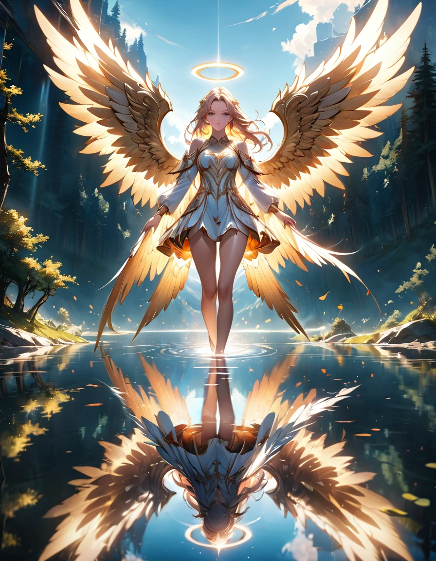 a picture of a female angel flying over a lake ((the angel's reflection mirrored perfectly in the lake: 1.5)), full body shot, a beautiful female angel, divine beauty angel, ((ultra detailed face: 1.5)), (best detailed face: 1.5), dynamic eye color, dynamic hair color, dynamic hair style, intense gaze, wearing dynamic clothing, hovering over a lake, (white angelic wings spread: 1.3), (((a perfect reflection of the angel seen in the lake: 1.5))) vibrant, Ultra-high resolution, High Contrast, masterpiece:1.2, highest quality, Best aesthetics), best details, best quality, highres, ultra wide angle, 16k, [ultra detailed], masterpiece, best quality, (extremely detailed), drkfntasy
