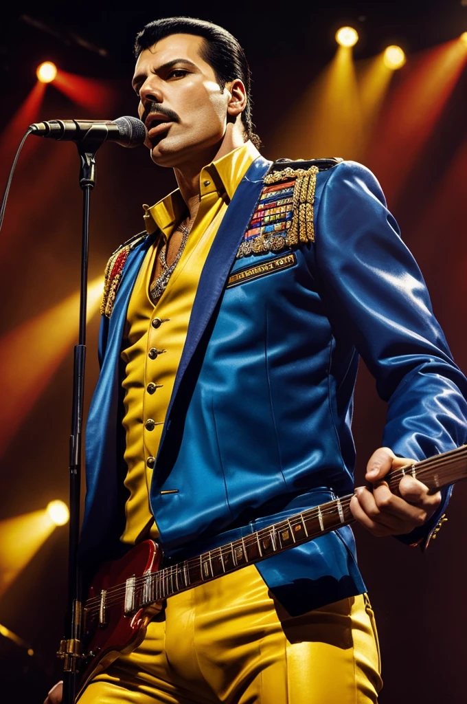 The oil painting of Freddie Mercury captures his iconic stage presence in vibrant colors and bold brushstrokes. His expressive face is illuminated by dramatic lighting, highlighting his charismatic personality. The composition is dynamic, with Mercury striking a powerful pose that fills the canvas. The intricate details of his outfit and microphone add depth to the image, drawing the viewer in to admire the intricate craftsmanship. The overall style exudes a sense of grandeur and theatricality, perfectly capturing the essence of the legendary rockstar.