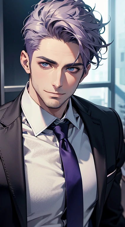 (best quality,4k,8k,highres,masterpiece:1.2),ultra-detailed,(realistic,photorealistic,photo-realistic:1.37),1 man,31 years old,mature man,very handsome,without expression,smile,short grey purple hair,blue eyes,penetrating gaze,perfect face without errors,imposing posture,businessman,office background,cinematic lighting,hdr imagep