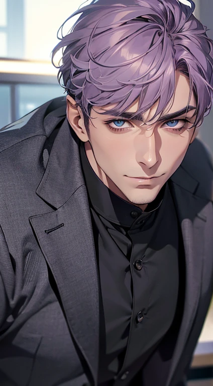 (best quality,4k,8k,highres,masterpiece:1.2),ultra-detailed,(realistic,photorealistic,photo-realistic:1.37),1 man,31 years old,mature man,very handsome,without expression,smile,short grey purple hair,blue eyes,penetrating gaze,perfect face without errors,imposing posture,businessman,office background,cinematic lighting,hdr imagep