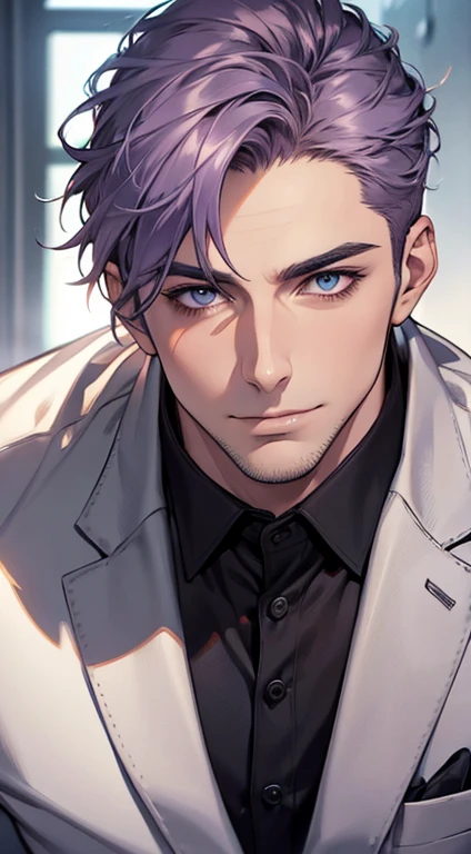 (best quality,4k,8k,highres,masterpiece:1.2),ultra-detailed,(realistic,photorealistic,photo-realistic:1.37),1 man,31 years old,mature man,very handsome,without expression,smile,short grey purple hair,blue eyes,penetrating gaze,perfect face without errors,imposing posture,businessman,office background,cinematic lighting,hdr imagep