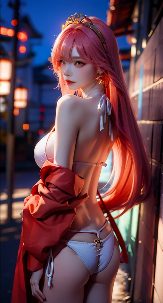 ((autumn background))), ((Japanese temple background)))), (white bikini:1.5), (((luminous background))), (turning back, (back shot), ass focus, brow front,:1.2), (Masterpiece, Excellent, 1girl, solo, complex details, color difference), realism, ((medium breath)), off-the-shoulders, big breasts, sexy, chaewon, long pink hair, red headdress, red highlight, hair above one eye, green eyes, earrings, sharp eyes, perfectly symmetrical figure, choker, neon shirt, open jacket, turtleneck sweater, graffiti, dim lighting, alley, looking at the audience, ((mean, seductive, charming)), tulle, bare shoulders, blooming flower fields, radiant skin, faint smile, sexy, bust, no breast cover, naked, cocked ass, tummy look
