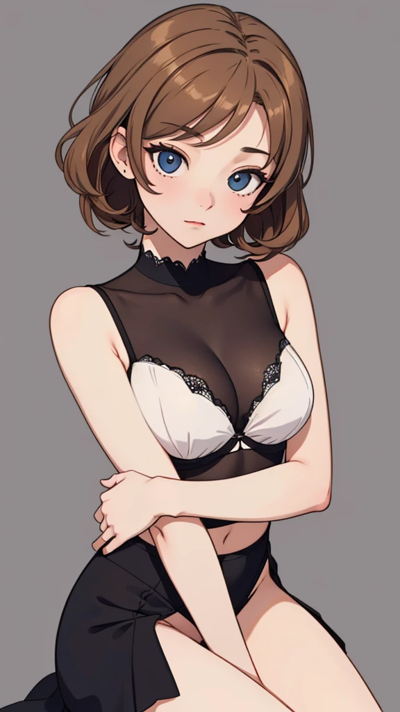 (((masterpiece, best quality, ultra highres, 1 girl, solo, no background))), super detailed skin and face and eyes and finger, beautiful japanese woman, small breasts:1.5, skinny, light brown hair, white background, very short curly pixie hair, (an illustration of girl), Knee shot, Generate with illustrations, Various expressions, Various poses, Please draw the entire character within the frame, ensuring that the head, arms, and legs are not cut off. The background should be simple, with the character positioned centrally, outline, anime, underwear,