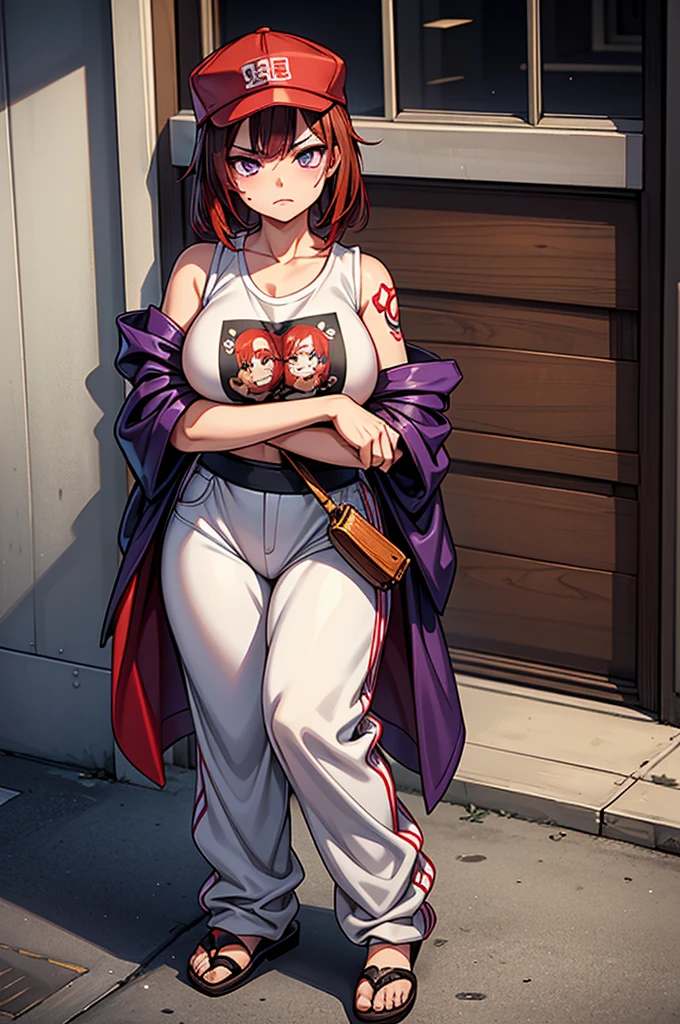 1 female, fierce gangster, eichiro oda style, asian, cute slanty eyes, full sleeve geisha tattoos on right arm, teardrop tattoo under eye, hip hop clothes, realistic lips, oversized white t-shirt, arms crossed propping up breast, hourglass figure, on the street corner, pistol tucked in pants, light brown hair, purple eyes, angry, red hair, slit pupils, baseball cap, best quality