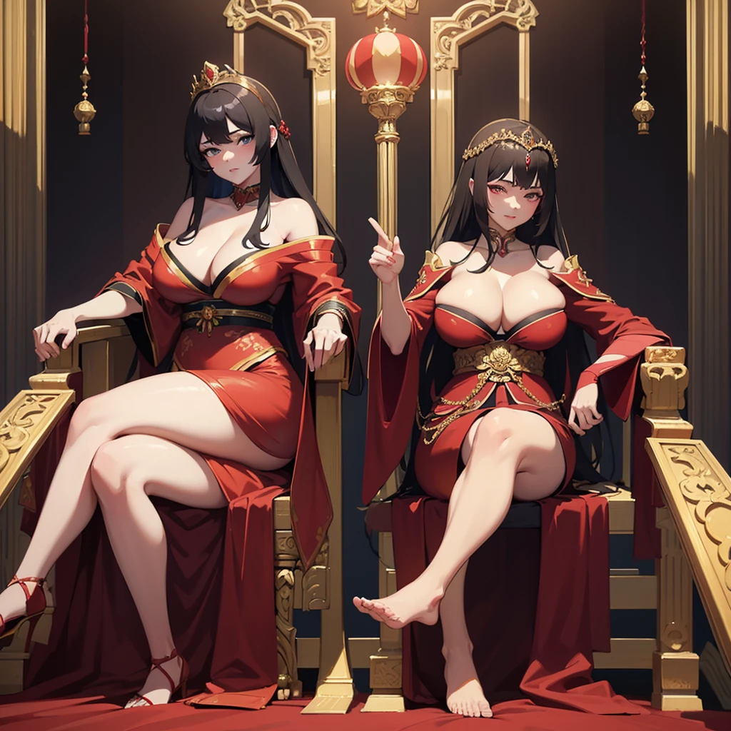 a woman with exaggerated large breasts, confident sitting on a throne, wearing a gorgeous red dress, a large ornate crown on her head, looking down at the viewer, detailed facial features, hyper-realistic, 8k, ultra-detailed, photorealistic, masterpiece, dramatic lighting, cinematic, oil painting、She is a Japanese woman、She is protected by the knights.