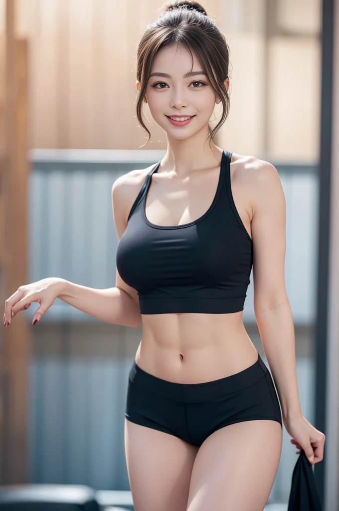 fullbody, her stunning features. a spanish lady,highest quality. woman posing confidently in front of a crisp background, Radiant smile illuminates her face as she showcases her toned physique in transparency yoga shorts and crop top. Camera zooms in with sharp focus on her eyes, highlighting individual skin pores and every detail. Shot in 8K high definition,