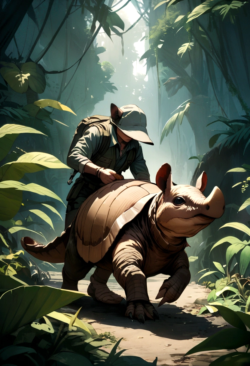 hunter grabbing an armadillo in the middle of the jungle