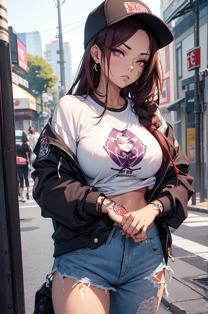 1 female, fierce gangster, asian, cute slanty eyes, full sleeve geisha tattoos on right arm, teardrop tattoo under eye, hip hop clothes, realistic lips, oversized white t-shirt, arms crossed propping up breast, hourglass figure, on the street corner, pistol tucked in pants, light brown hair, purple eyes, angry, red hair, slit pupils, baseball cap, best quality