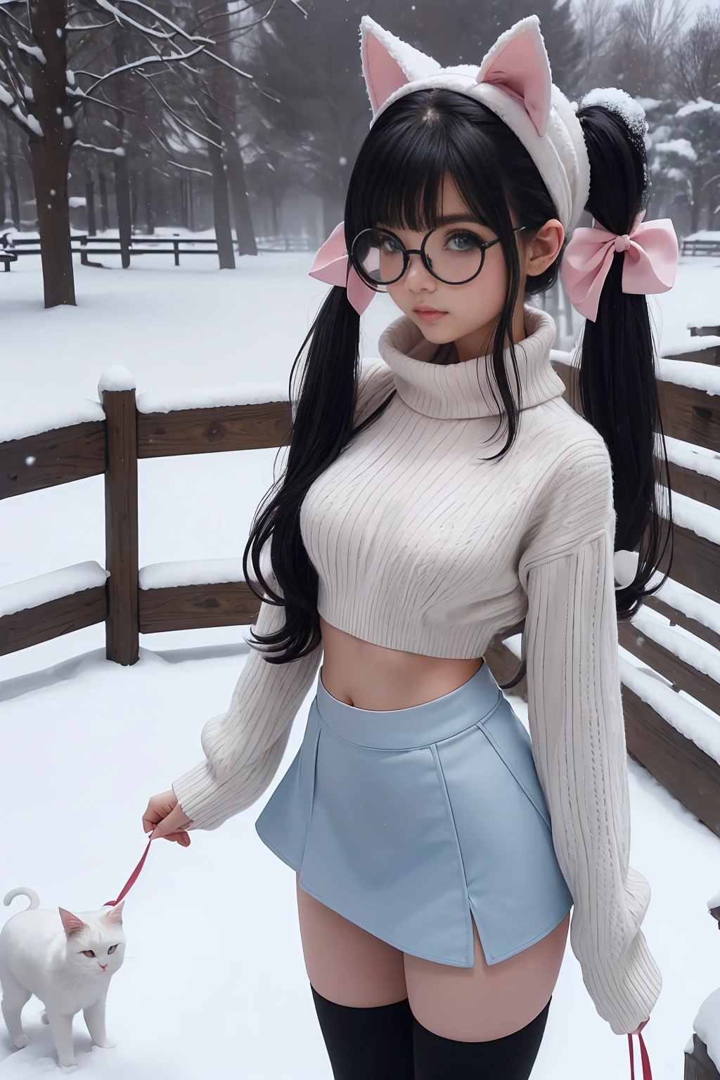 (Best Quality,High resolution:1.2), Ultra-detailed, Realistic portrait, hot Russian girl, pretty face, perfect long legs, full body, tiny waist. large breasts, standing, tight white cropped jumper, black high waist leggings, pink and white snow boots, in the snow, large blue eyes, long black hair tied up with a ribbon, pigtails, tight high waist mini skirt, woolen socks, hair bangs, snowing, foggy, (large round black rimmed glasses), cat ears, (large bow at the back of head, midriff)