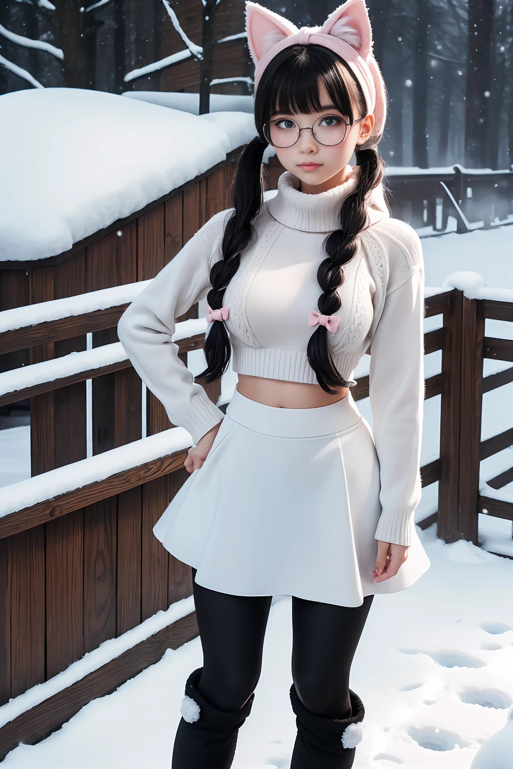 (Best Quality,High resolution:1.2), Ultra-detailed, Realistic portrait, hot Russian girl, pretty face, perfect long legs, full body, tiny waist. large breasts, standing, tight white cropped jumper, black high waist leggings, pink and white snow boots, in the snow, large blue eyes, long black hair tied up with a ribbon, pigtails, tight high waist mini skirt, woolen socks, hair bangs, snowing, foggy, (large round black rimmed glasses), cat ears, (large bow at the back of head, midriff)