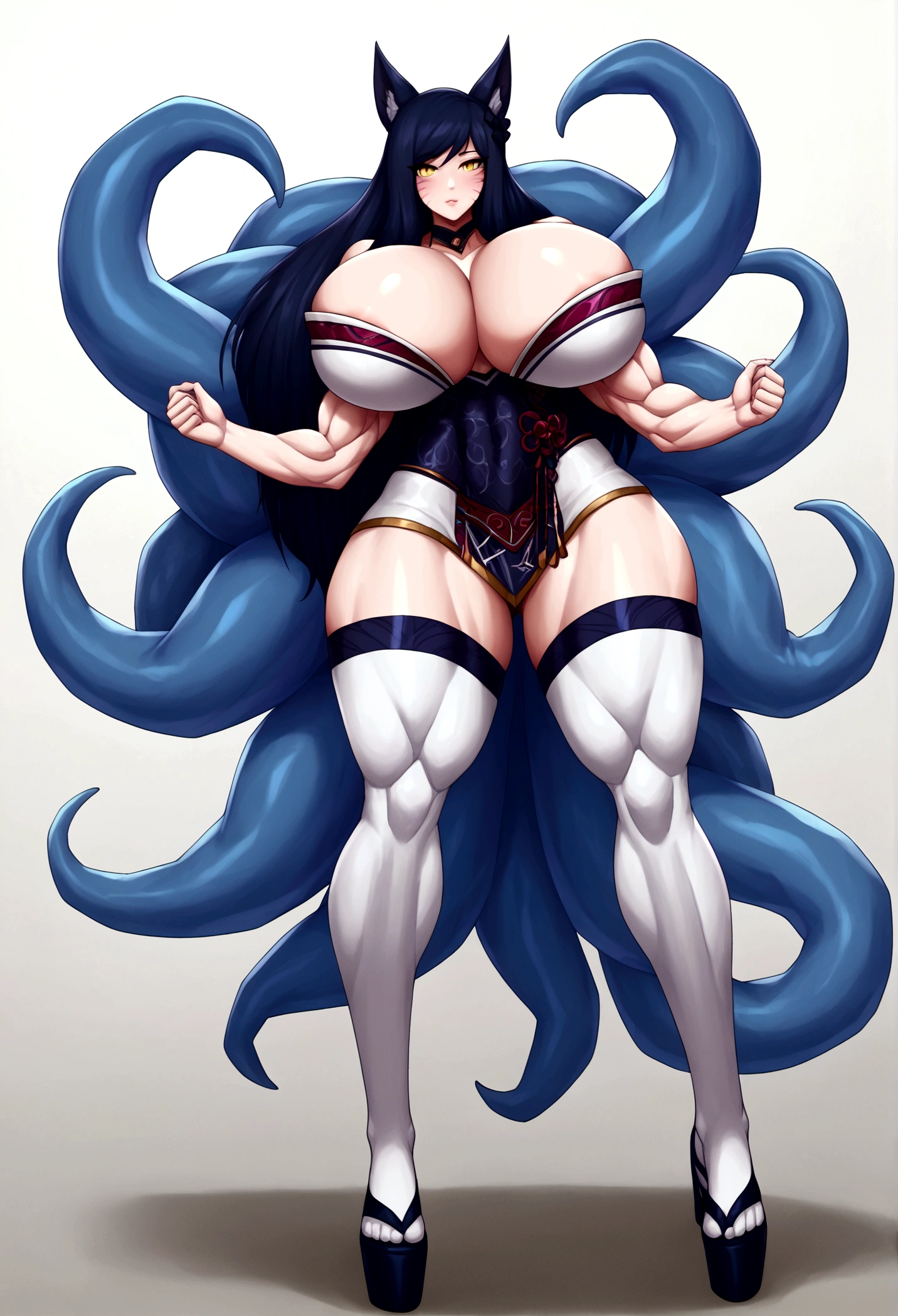 Ahri, ninomae hair, ninomae tentacles, gigantic muscular body, huge breasts, 4 arms, full body.