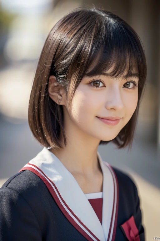 girl, White skin, Dark brown short tiered hair, V cut with layers and bangs, Brown eyes, Soft atmosphere characteristics (Highest quality, Ultra-high resolution, 8K,, Ultra-high resolution: 1.2, masterpiece: 1.3), (Realistic, Realistic: 1.37), Very detailed, Professional Lighting, Photon Mapping, Radio City, Physically Based Rendering, Japanese, One Girl, alone, Black Hair, cute,Sharp focus:1.2、Beautiful woman:1.4, Nice, Adorable, A light smile, Normal chest, ((Japanese high school girls uniform)),classroom、