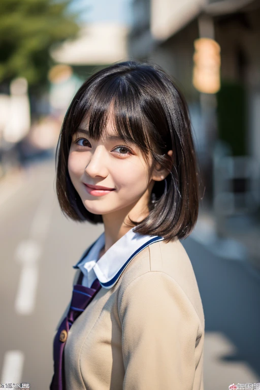 girl, White skin, Dark brown short tiered hair, V cut with layers and bangs, Brown eyes, Soft atmosphere characteristics (Highest quality, Ultra-high resolution, 8K,, Ultra-high resolution: 1.2, masterpiece: 1.3), (Realistic, Realistic: 1.37), Very detailed, Professional Lighting, Photon Mapping, Radio City, Physically Based Rendering, Japanese, One Girl, alone, Black Hair, cute,Sharp focus:1.2、Beautiful woman:1.4, Nice, Adorable, A light smile, Normal chest, ((Japanese high school girls uniform)),classroom、