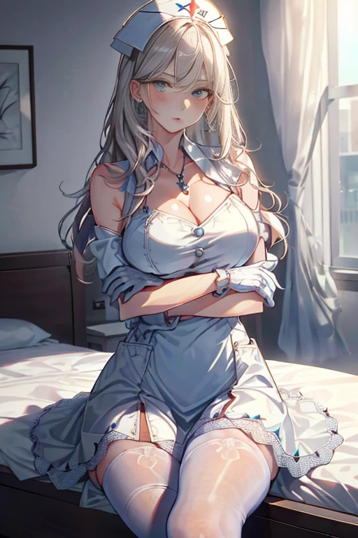 1girl, (solo:1.2), (cowboy shot:1.2), (Beautiful and detailed eyes description), (Beautiful and detailed face), Perfect female body, neat figure, slender waist, (young girl), (20 years old), long hair, platinum blonde hair, very big eyes, blue eyes, (medium breasts:1.4), blush, shy, watery lips, nurse, (transparent nurse dress), nurse cap, unbuttoned, (white gloves:1.2), (white pantyhose), high heels, necklace, earrings, indoors, school nurse, hospital bed, window, white curtains, sunlight, squatting, (best quality), (ultra detailed), (masterpiece), (highres), (original), (extremely detailed CG unity 8K wallpaper), character design, game cg, detailed manga illustration,( 1.1)