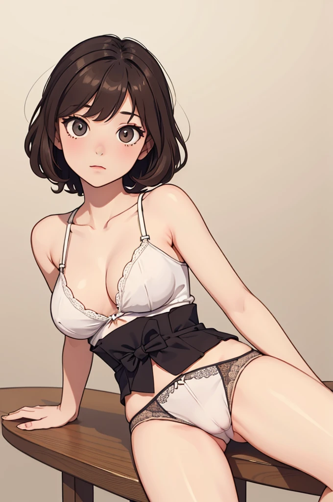 (((masterpiece, best quality, ultra highres, 1 girl, solo, no background))), super detailed skin and face and eyes and finger, beautiful japanese woman, small breasts:1.5, skinny, light brown hair, white background, very short curly pixie hair, (an illustration of girl), Knee shot, Generate with illustrations, Various expressions, Various poses, Please draw the entire character within the frame, ensuring that the head, arms, and legs are not cut off. The background should be simple, with the character positioned centrally, outline, anime, underwear,