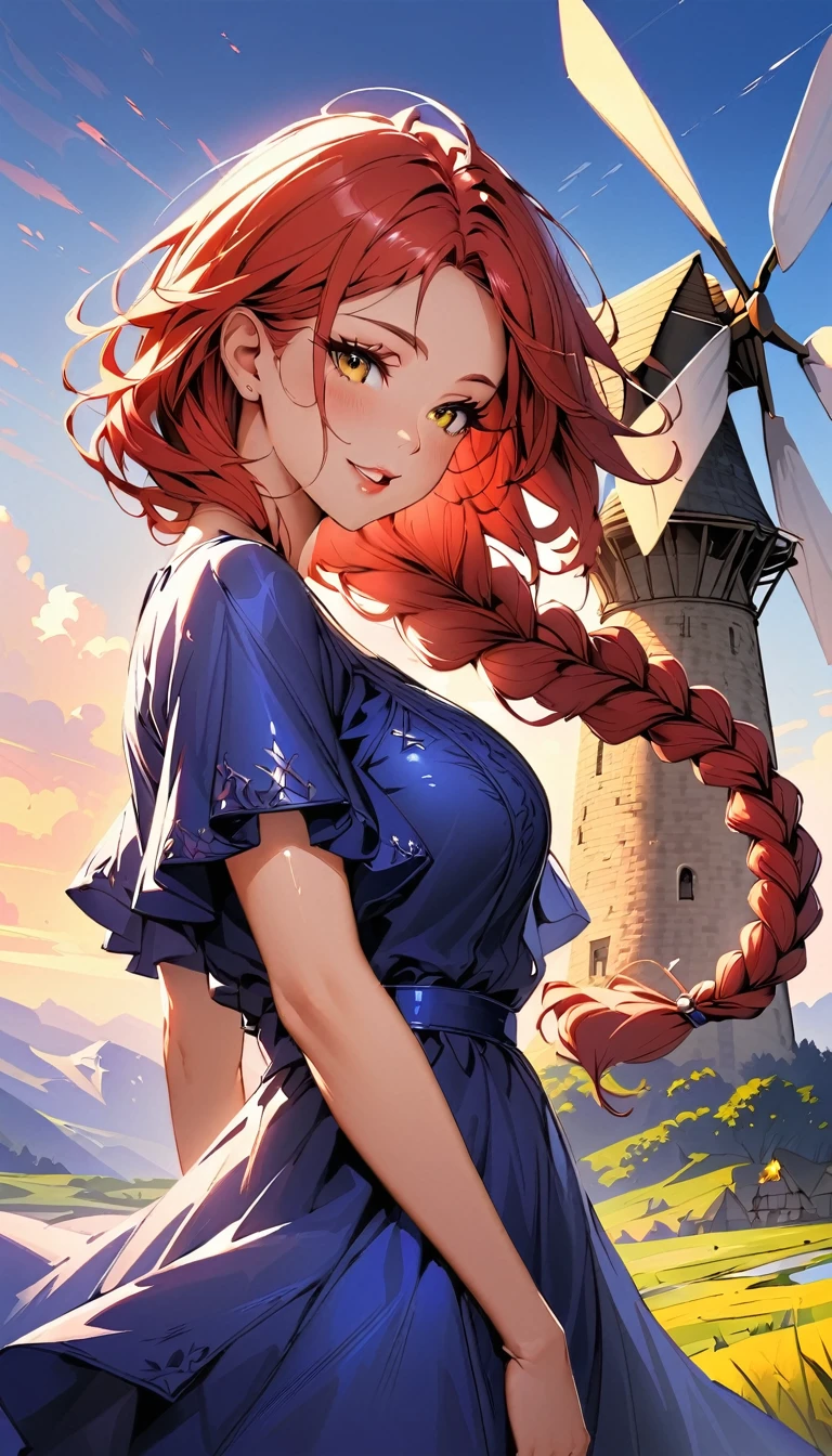 (highest quality:1.2), Very detailed, Vibrant, digital coloring, High Contrast, (masterpiece:1.2), highest quality, Best aesthetics, 1 female, red Hair, (single braid:1.5), messy hair, vivid yellow eyes, (((Blue Dress:1.2))), (fantasy landscape:1.4), windmill, countryside, Bright lighting, Beautiful world, New World, Blown by the gentle wind, (hot gaze, Hot, beautiful lips, Glossy, Open Mouth, Leaking sigh), Accurate, Textured skin, Cowboy Shot, seductive smile, The beauty and danger of growing from a girl to an adult, A symbol of miraculous beauty.