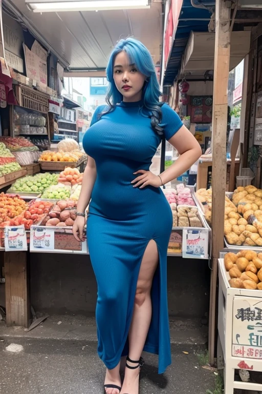 A woman, beautiful face, cute face, ligt blue hair, wearing tight long dress, big breast, curvy body, full body, Chubby thighs, standing at the mini market