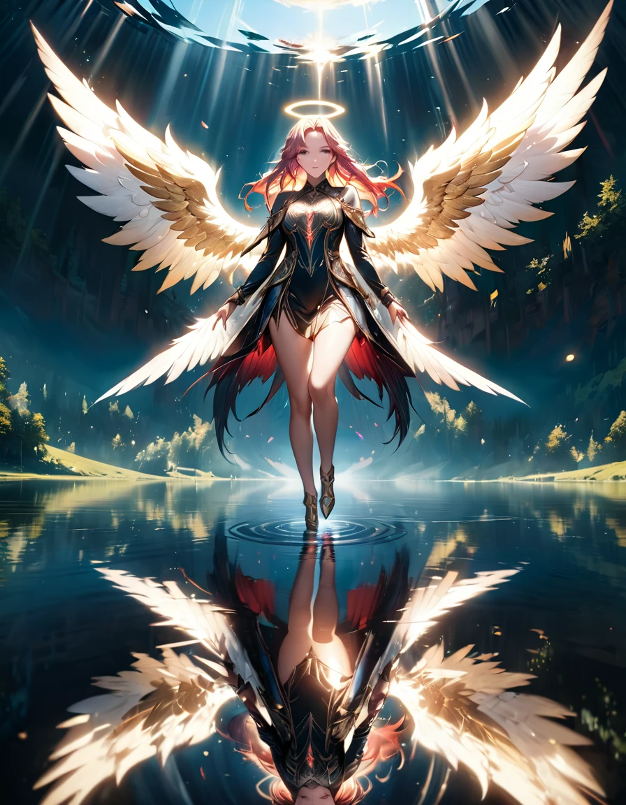 a picture of a female angel flying over a lake ((the angel's reflection mirrored perfectly in the lake: 1.5)), full body shot, a beautiful female angel, divine beauty angel, ((ultra detailed face: 1.5)), (best detailed face: 1.5), dynamic eye color, dynamic hair color, dynamic hair style, intense gaze, wearing dynamic clothing, hovering over a lake, (white angelic wings spread: 1.3), (((a perfect reflection of the angel seen in the lake: 1.5))) vibrant, Ultra-high resolution, High Contrast, masterpiece:1.2, highest quality, Best aesthetics), best details, best quality, highres, ultra wide angle, 16k, [ultra detailed], masterpiece, best quality, (extremely detailed), drkfntasy