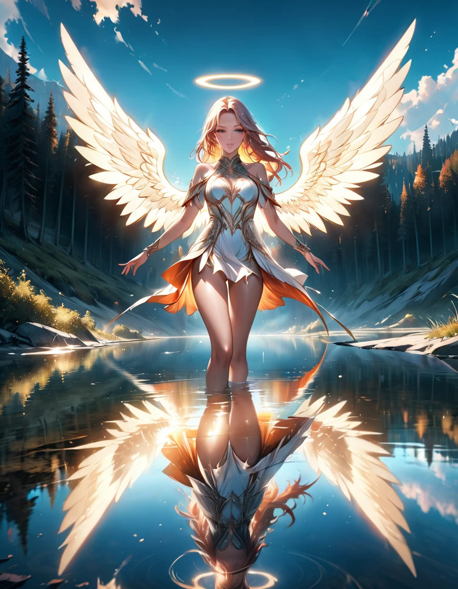 a picture of a female angel flying over a lake ((the angel's reflection mirrored perfectly in the lake: 1.5)), full body shot, a beautiful female angel, divine beauty angel, ((ultra detailed face: 1.5)), (best detailed face: 1.5), dynamic eye color, dynamic hair color, dynamic hair style, intense gaze, wearing dynamic clothing, hovering over a lake, (white angelic wings spread: 1.3), (((a perfect reflection of the angel seen in the lake: 1.5))) vibrant, Ultra-high resolution, High Contrast, masterpiece:1.2, highest quality, Best aesthetics), best details, best quality, highres, ultra wide angle, 16k, [ultra detailed], masterpiece, best quality, (extremely detailed), drkfntasy
