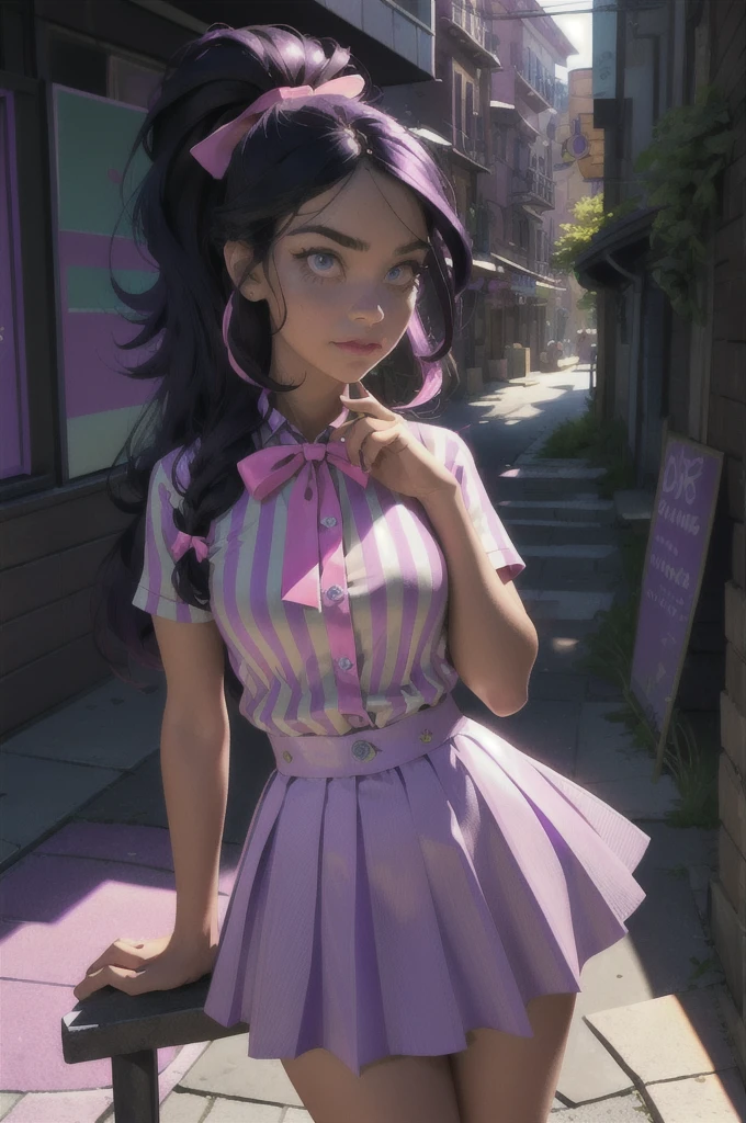 (millions of people:1.2), (pink skin), (long hair, ponytail, straight hair, black hair with purple and pink stripes, bang:1.0), striped shirt, purple skirt, pink bow on the neck, purple eyes, long hair, the library, (realistic:1.2),  (masterpiece:1.2), (full body shot:1),(cowboy shot:1.2), neon lighting, dark romantic lighting, (very detailed:1.2),(detailed face:1.2), (gradients), Colorful, detailed eyes, (detailed landscape:1.2), (daylight:1.2),(detailed background), detailed landscape, (cute pose:1.2), One, 