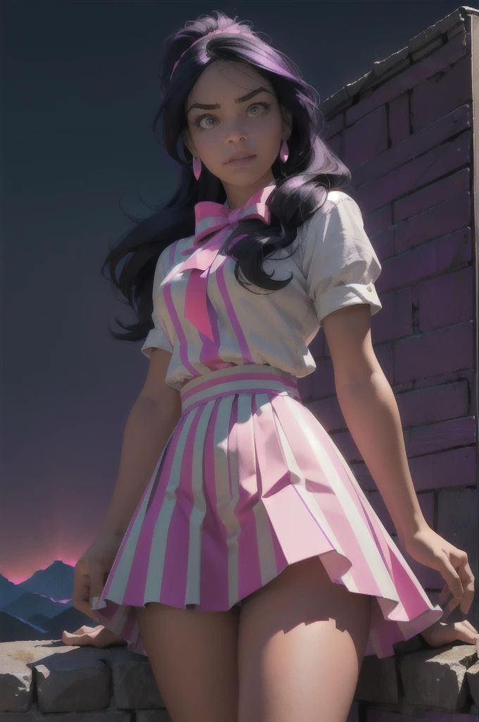 (millions of people:1.2), (pink skin), (long hair, ponytail, straight hair, black hair with purple and pink stripes, bang:1.0), striped shirt, purple skirt, pink bow on the neck, purple eyes, long hair, the library, (realistic:1.2), (masterpiece:1.2), (full body shot:1),(cowboy shot:1.2), neon lighting, dark romantic lighting, (very detailed:1.2),(detailed face:1.2), (gradients), Colorful, detailed eyes, (detailed landscape:1.2), (daylight:1.2),(detailed background), detailed landscape, (cute pose:1.2), One,
